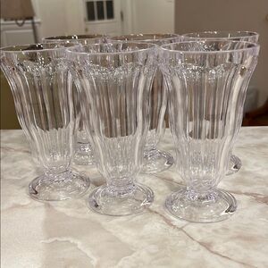 Set of Six Clear Ribbed plastic soda shoppe fountain glasses